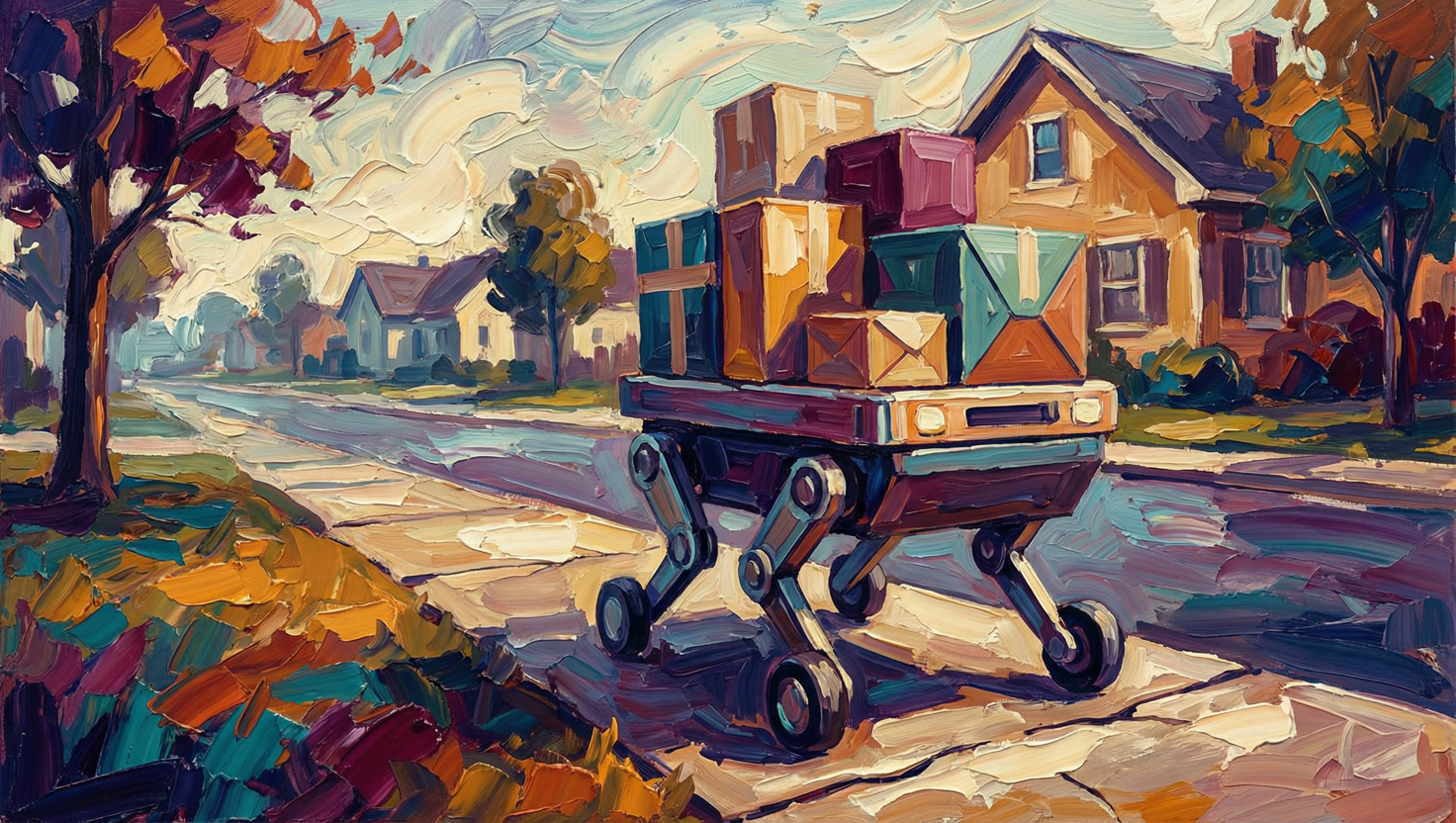 A delivery robot on a suburban sidewalk approaching a front door