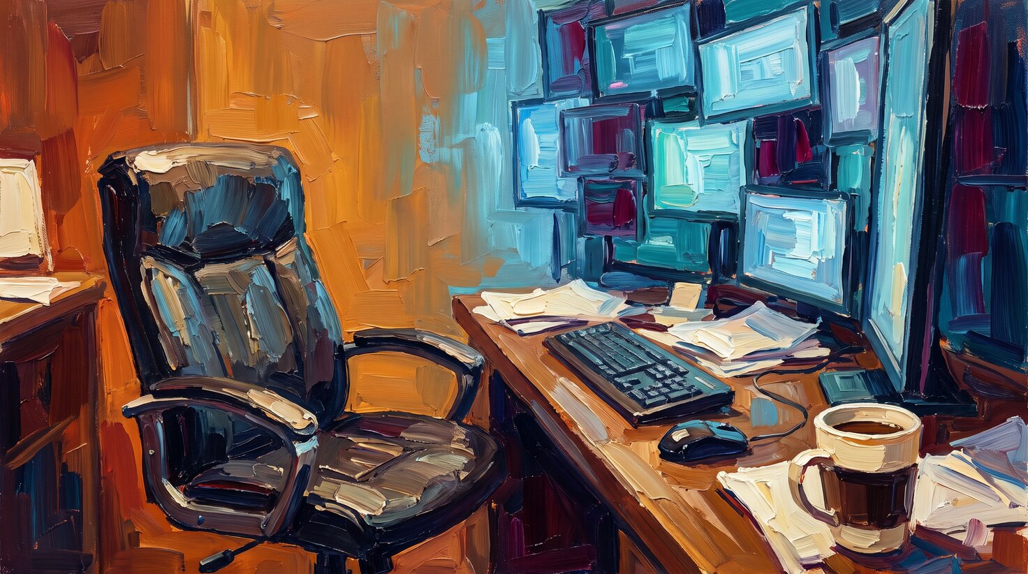 Thick impasto oil painting of an empty office chair pushed back from a glowing desk, a keyboard and mouse caught mid-use beneath a wall of bright overlapping screens, warm amber and deep indigo palette-knife strokes, no people