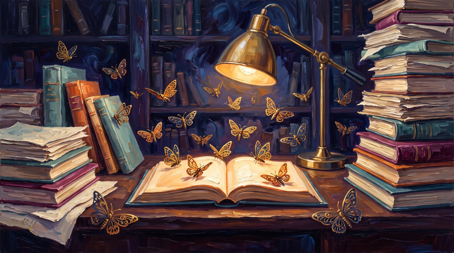 Thick impasto oil painting of an open book glowing under a warm lamp on a library table stacked with research papers, with small brass mechanical moths drawn to its light, indigo and amber palette-knife strokes, no people