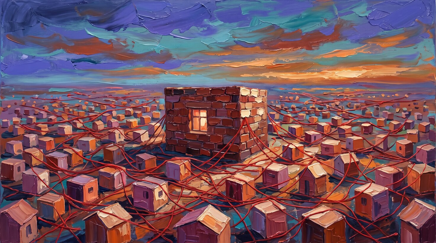 Thick impasto oil painting of hundreds of identical tiny cardboard storefronts stretching to the horizon, tied together with tangled thread, with one solid brick building and a warmly lit window standing among them, indigo and amber palette-knife strokes, no people