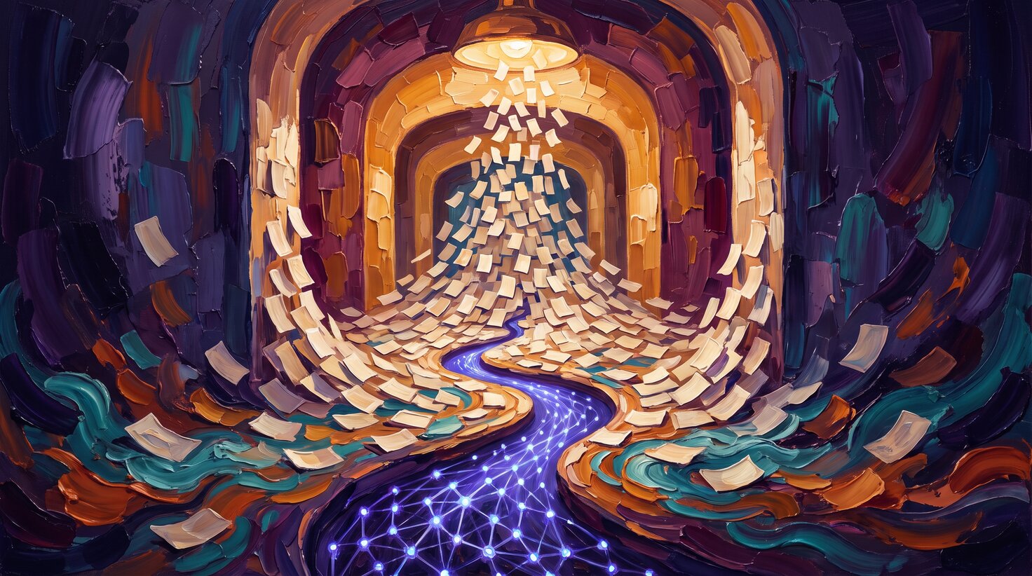 Thick impasto oil painting of thousands of pale paper sheets funneling down through narrowing amber-lit gates, most settling into quiet side pools while a bright stream condenses into a glowing indigo lattice of connected points