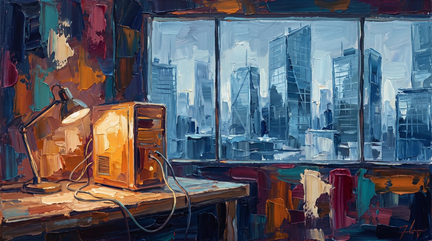 Thick impasto oil painting of a small private server glowing warm on a wooden workbench in the foreground, a vast cold blue data-center skyline looming through the window behind it, heavy palette-knife strokes, no people