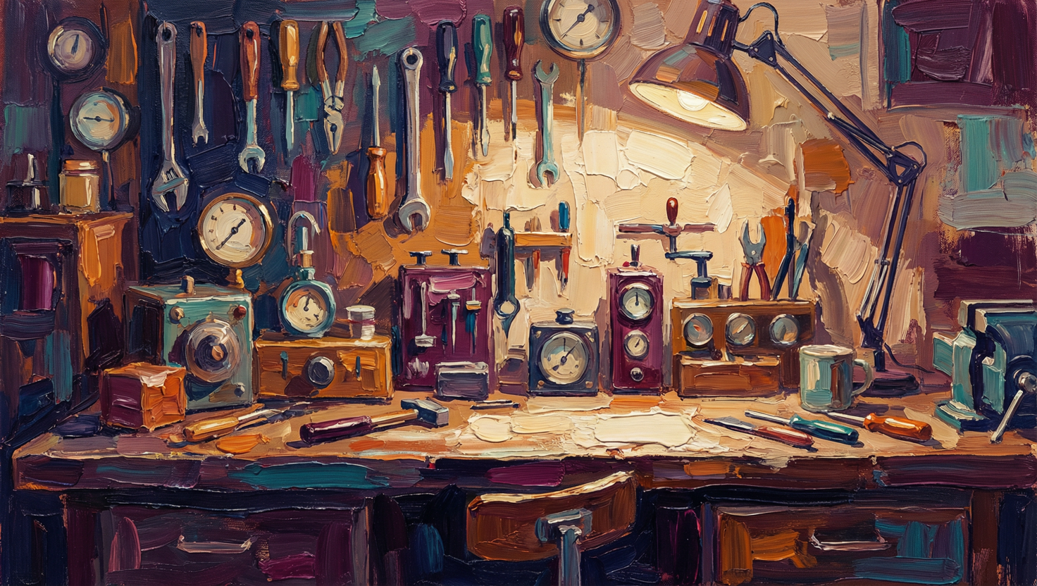 A small workshop with custom-built tools on a workbench