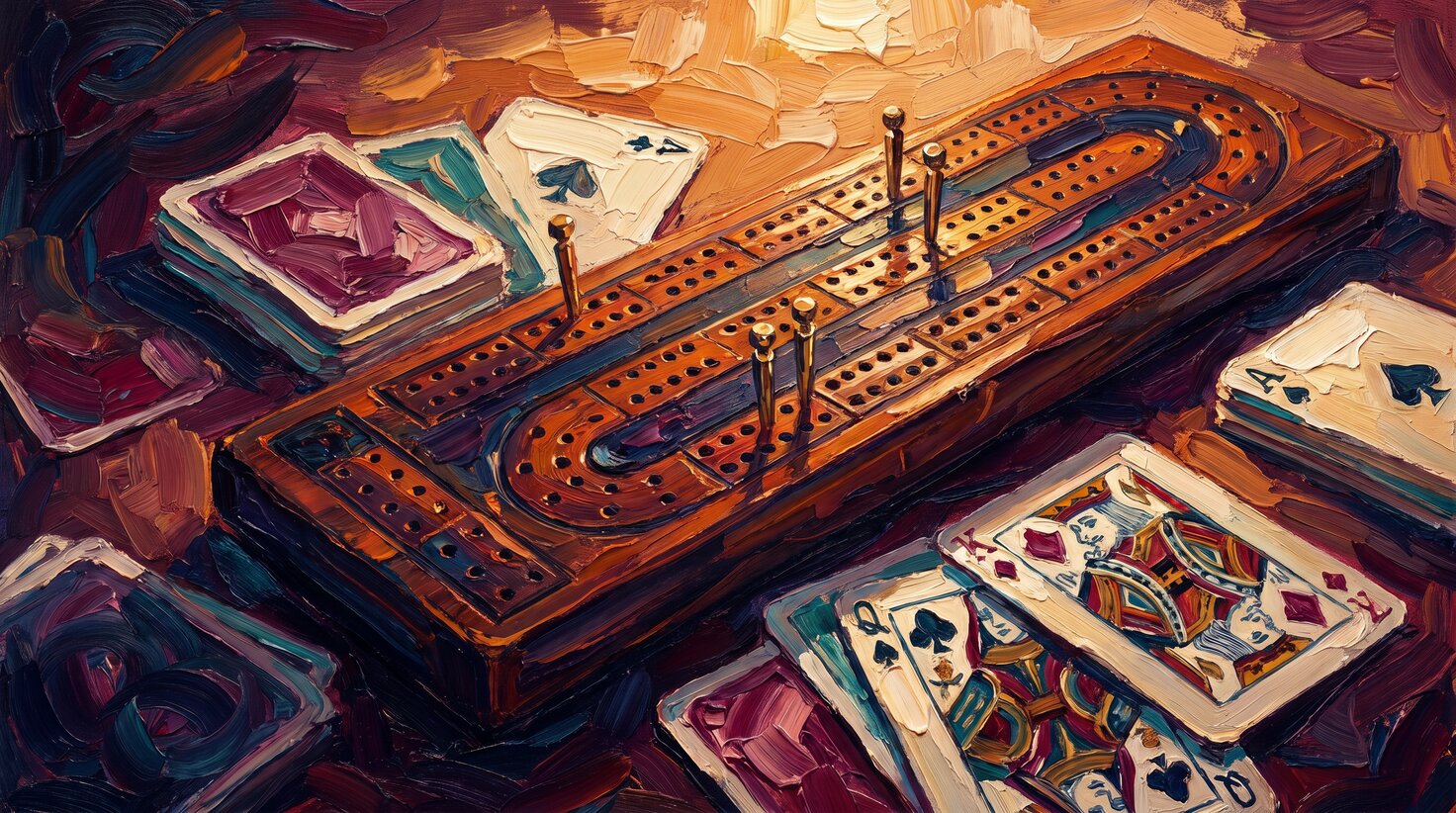 A cribbage board with brass pegs and worn playing cards on a wooden table, lit by warm amber lamplight