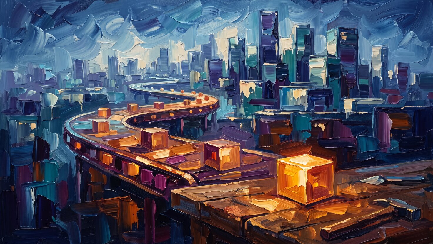 Thick impasto oil painting of a glowing conveyor belt carrying small bright cubes of light from a distant cold data-center skyline down toward a warm wooden workbench, heavy palette-knife strokes, no people