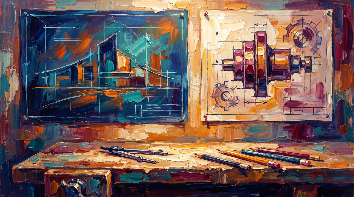 A workshop bench with two sets of plans pinned to the wall, one zoomed out and one zoomed in