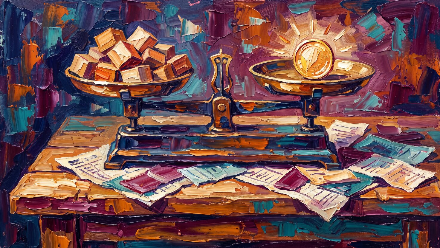 Thick impasto oil painting of a brass balance scale at rest, both pans level, on a workbench scattered with ledger papers and a single glowing coin, warm amber and deep indigo palette-knife strokes, no people