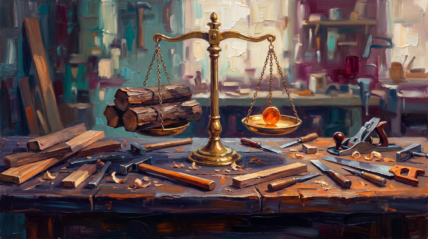 Thick impasto oil painting of a merchant's brass balance scale on a wooden workbench, one pan stacked with rough-cut timber and the other holding a single glowing coin, warm amber and deep indigo palette-knife strokes, no people