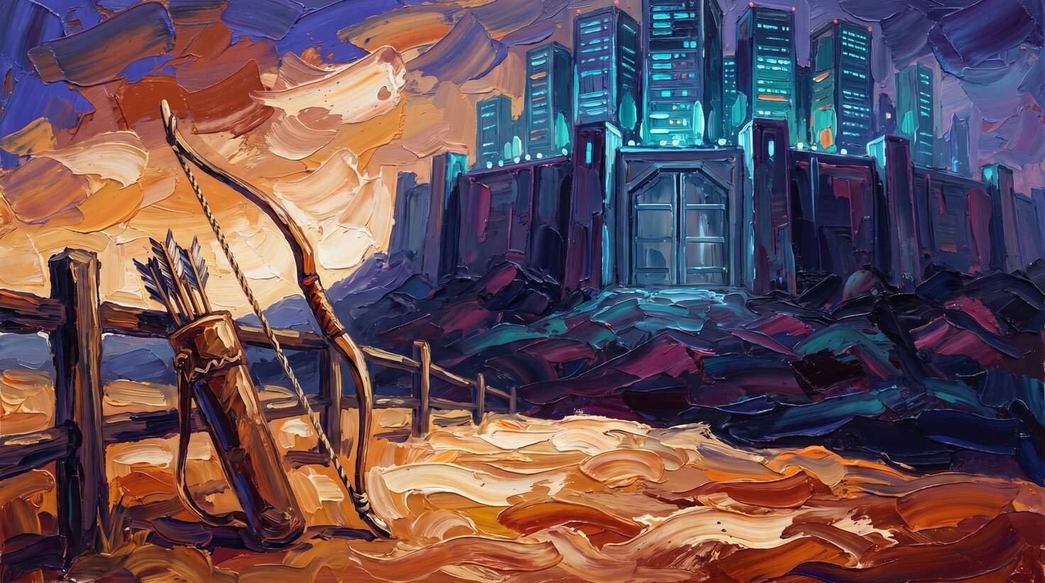 Thick impasto oil painting of a handcrafted wooden bow and a quiver of arrows leaning against a rough fence post in the warm amber foreground, dwarfed by a vast fortified data-center citadel glowing cold blue behind a tall sealed gate on a dark hill, heavy palette-knife strokes, no people