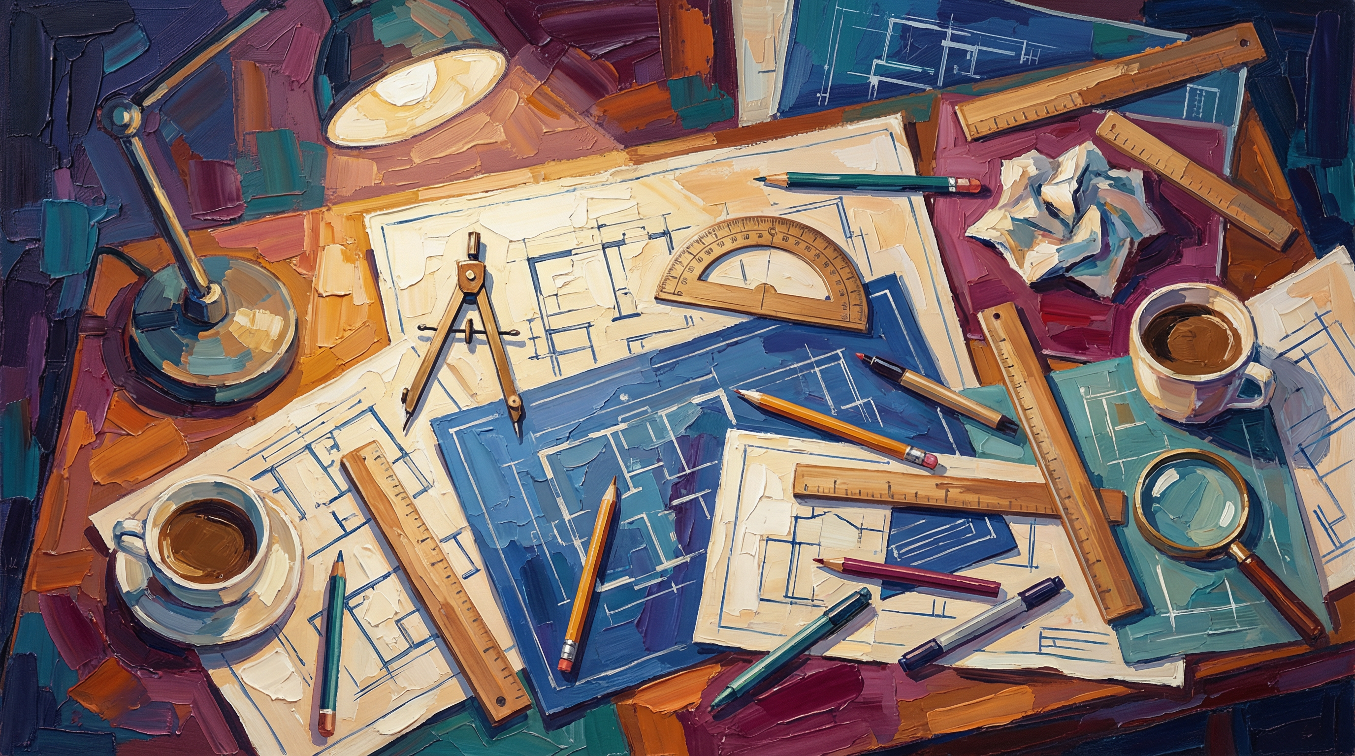 A conductor's podium with tools and blueprints scattered around it